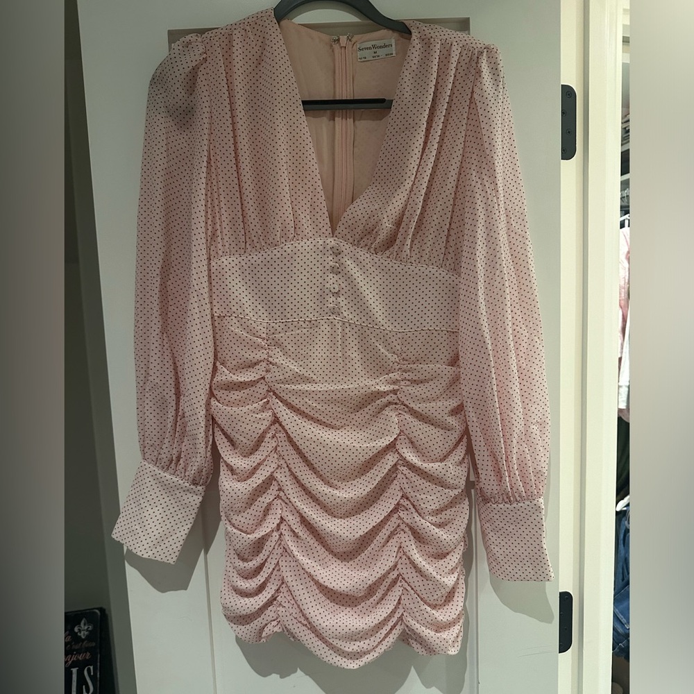 Seven Wonders Polka Dot Pink Ruched Mini Dress